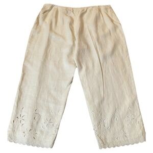 90s Kate Hill Woman Linen Crop Pants 18W Ivory Floral Embroidery Scalloped Hem